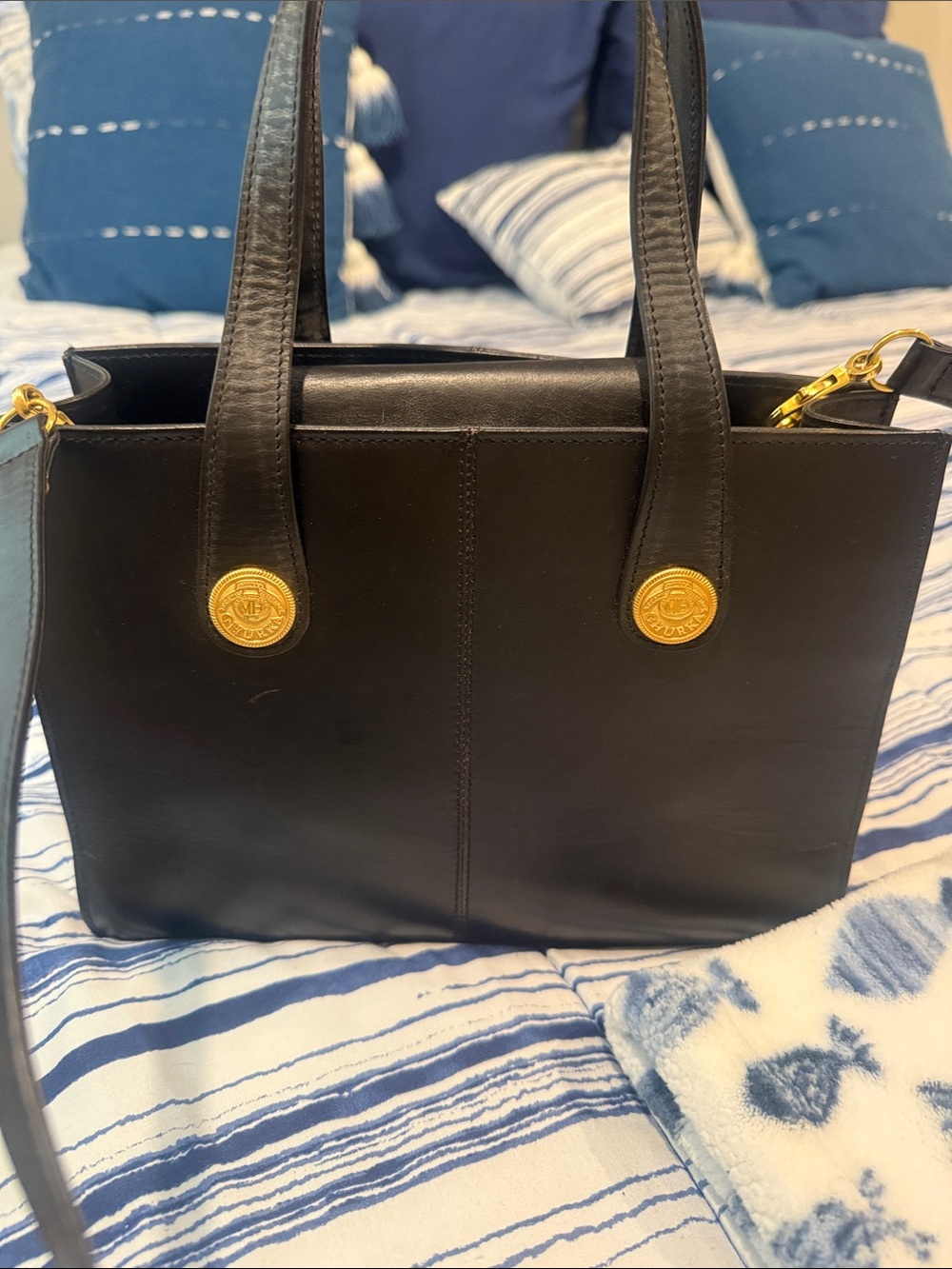 Vintage Ghurka Black Leather Shoulder Tote with Gold Medallions